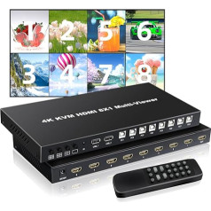 HDMI KVM Multiviewer 8x1 4K@30Hz Quad Multi Viewer Share 8 Computers Simultaneously Seamless Switching Supports Mouse and Keyboard Hotkey Switching 7 Display Modes