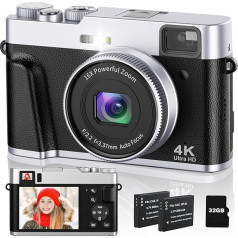 CAMKORY 4K digitālā kamera 48MP fotokamera ar 32G karti Automātiskā fokusa optiskais skatu meklētājs 16X tālummaiņa Kompaktā kamera ar 2 baterijām Kameras soma ar zibspuldzi iesācējiem un pusaudžiem (melna)