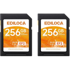 Ediloca EF2 256GB UHS-I SD karte, SDHC UHS-I atmiņas karte, ātrdarbīga atmiņas karte, nolasīšana 100MB/s, ierakstīšana 90MB/s, C10, U1, V10, Full HD un 4K video, ideāli piemērota profesionāliem fotogrāfiem (2 gab.)