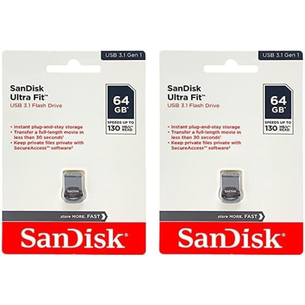 SanDisk Ultra Fit USB 3.2 zibatmiņas diskdzinis 64 GB (klēpjdatoriem, spēļu konsolēm un automobiļu audio sistēmām, iespraužams un saglabājams, 130 MB/s nolasīšanas ātrums, RescuePRO Deluxe programmatūra) (iepakojumā 2)