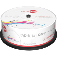 Primeon 2761225 DVD+R tukšie diski, 16x ātrums, 4,7 GB, 120 min, 25 spoļu iepakojums