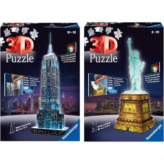 Ravensburger 3D puzzle Empire State Building naktī, Ņujorkas piemineklis miniatūrā & 3D puzzle Brīvības statuja naktī, Ņujorkas piemineklis miniatūrā