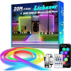 Lichaser 20 m RGB+IC elastīga neona LED lente, Bluetooth āra IP68 neona LED lente, kas sinhronizējas ar mūziku, 24 V DIY LED lente āra ūdensizturīga terases, dārza apgaismojumam (10 m x 2)