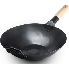 Craft Wok Black13 By Flat Pre-Thrown Hammering Carbon Steel Wok ar koka un tērauda rokturi (13 collas, ar plakanu dibenu)