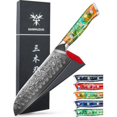 SANMUZUO Damaska nazis 18 cm Santoku nazis - japāņu virtuves nazis - VG 10 Damaska tērauda virtuves nazis ar sveķu rokturi - Xuan sērija (Dream Orange)