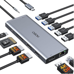 USB-C dokstacija 2 monitoriem, portatīvo datoru dokstacija ar trīs displejiem, USB C centrmezgla adapteris 13 in 1 ar 2 HDMI, displeja portu, Ethernet, PD, 5 USB, SD/TF karšu ligzdu, 3,5 mm audioierīci