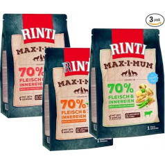 RINTI MAX-I-MUM izmēģinājuma iepakojums | Sausā suņu barība | 3 x 1 kg | 70% gaļas un subproduktu | Bez graudaugiem