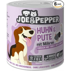 Joe&Pepper 6 x 800 g Vistas un tītara gaļa ar burkāniem, barība suņiem bez graudaugiem, mitrā barība suņiem, reģionālā produkcija, ražota Eifelē, 95% gaļas un 4% dārzeņu.
