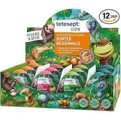tetesept Kids Bath Surprise Colourful Rainforest - burbuļojoša vannas bumba ar augļu aromātu un kolekcionējamu figūriņu - dzirkstoša jautrība un krāsains ūdens - 12 x 172 g
