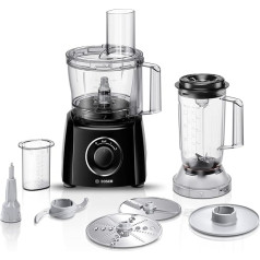 Bosch MultiTalent 3 MCM3201B kompakts virtuves kombains, 30 funkcijas, 2,3 L maisīšanas trauks, 1,0 L mikseris, universālais nazis, griešanas un rīvēšanas (smalki, rupji), sitamais disks (krējums, olu baltums), 800 W, melns