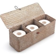 Balts veļas glabāšanas grozs no jūraszāles ar vāku, dabiski pīts taisnstūra formas plaukta grozs ar sekcijām rotaļlietu uzkodu organizēšanai (42 cm x 14 cm x 14 cm)