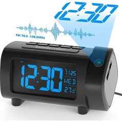 Liorque, digitālais projekcijas modinātājs, automātiskās izslēgšanās iestatījums, temperatūra, FM radio, USB savienojums, 2 krāsu cipari un 4 līmeņu spilgtums, nedēļas nogales režīms, snaudas funkcija (melns)