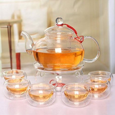 Beddingleer Karstumizturīgs elegants stikla tējkannas komplekts Infuzora tējkanna + sildelements + 6 dubultās sienas tējas tasītes caurspīdīgs 600 ml