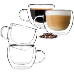 BOQO Stikla kafijas krūzes, dubultā izolētas dzeramās glāzes ar rokturi, lieliski piemērotas Latte, Cappuccino, tējas maisiņam, dzērienu komplektam, 4 krūzes (120 ml ūdens glāzes)
