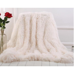 Freyamy Fluffy Faux Fur Cuddly Blanket 160 x 200 cm Beige Reversible Throw Blanket Ilga matu mikrošķiedras mākslīgās kažokādas sega Flannel Warm Fur Blanket Soft Sofa Blanket TV sega Air Conditioning Blanket