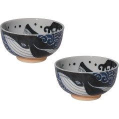 2 japāņu Mino-Yaki keramikas rīsu bļodas 13 cm, zils valis Ražots Japānā