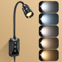 HUAEU Plug-in lasīšanas lampa pie sienas, LED lasīšanas lampa gultai, grāmatas gaisma lasīšanai naktī, grāmatas lasīšanas gaisma grāmatām gultā, grāmatas lampa 5 krāsas un spilgtuma regulēšana, Gooseneck (tumša)