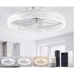 YUNLONG viedie WiFi griestu ventilatori ar apgaismojumu, saderīgi ar Alexa, Google, tālvadības pulti, Smart Life, moderna griestu gaisma ar ventilatoru, aptumšojama, atgriezeniska, 5 spīdumi, balta krāsā
