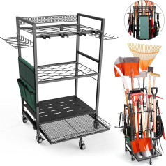 Unaikoo Gartenwerkzeug-Organizer mit Rädern - Hof-Werkzeug-Organizer für Garage, Aufbewahrung und Organisation, Gartenwerkzeugständer mit Haken für Besen, Mopp, Schaufel, Rechen, Garage, Schuppen,