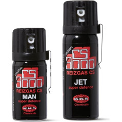 CS 3000 asaru gāzes izsmidzinātājs Man 40 ml + Jet 50 ml CS KO izsmidzinātājs ar metāla klipu aizsardzībai pret cilvēkiem ar BKA apstiprinājumu 2 gab. iepakojumā