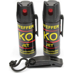 COTCLO Freizeitprofis Ballistol KO Jet Pepper Spray, 2 kanniņas pa 50 ml katrā - līdz 5 m darbības attālums, ieskaitot signālspirkstīti, taktiskais Molle melns