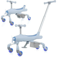 COSTWAY trīsritenis ar stumšanas stieni, 2-in-1 stumjamais auto un braucamais auto ar LED riteņiem, lidmašīnas izskats, līdzsvara velosipēds maziem bērniem no 18 mēnešiem, bērnu trīsritenis ar pedāļiem un glabāšanas vietu, maksimālā slod
