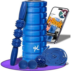 FlexRoll 5-in-1 Fascia Roller komplekts mugurkaulam un visam ķermenim (33 x 13 cm) [3D dziļa masāža] Masāžas rullītis Jogas rullītis muguras rullītis Fascia Ball Duo Ball Medium Firm muguras kājām kakla augšstilbiem zils