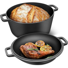 RAINBEAN 2-in-1 čuguna cepeškrāsns katls ar pannas vāku, 5,5 QT holandiešu cepeškrāsns katls ar diviem rokturiem un vāku, augstas veiktspējas nelīpoša apaļa holandiešu cepeškrāsns cepšanai, kas iepriekš piesūcināta