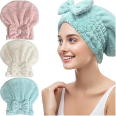 Jseng Mikrofaser-Haarhandtuch für Damen, schnell trocknend, super drošfähig, mit Schleifen-Design, weiches Haarhandtuch, Turban für lockiges, langes, nasses Haar, 3 Packungen