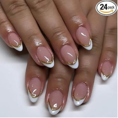 Kaichen Press On Nails - rozā, vidēji mandeļu nagi ar 3D zelta svītrām un franču uzlikām | 12 izmēri - 24 gabaliņu nagu komplekts ar līmlentēm