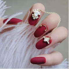 Sethexy Matt Long Oval False Nails Vīns Rhinestones Aksesuāri 24 gabali Pilns vāks Akrila nospiediet uz viltus nagu padomus sievietēm un meitenēm