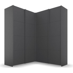 Rauch Möbel Stūra skapis Quadra, bīdāmo durvju skapis, pelēks metālika krāsā, melns, 4 durvis, 2 drēbju sliedes, 12 plaukti, 3 atvilktnes, 181 x 229 x 187 cm (platums x augstums x dziļums)