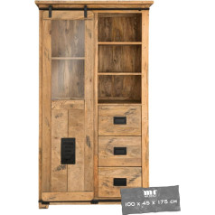 Mr. Deko ® Florenz Mango Mango Vintage vitrīna Aptuveni 100 x 45 x 175 cm Mango koka skapis Dzīvojamās istabas kumode Rūpnieciska izskata masīvkoka skapis Bīdāmās durvis ar stikla ieliktni