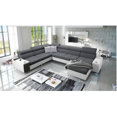 All4All Margo VIII Stūra dīvāns ar miega funkciju 360 x 284 cm - Dīvāns ar guļamvietu - Dzīvojamā ainava U-formā - XXL dīvāns - Labajā pusē - Audums ar mākslīgo ādu - Tumši pelēks/balts - Modern 26
