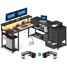 ODK Rakstāmgalds ar atvilktnēm, grozāms stūra rakstāmgalds ar 2 kontaktligzdām un 2 USB uzlādes ligzdām, L formas biroja galds ar LED apgaismojumu mājas birojam, 135 x 110 cm (melns)