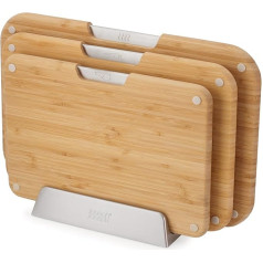 Joseph Joseph Nest Boards 3 gabalu bambusa kapāšanas dēļu komplekts Reversible Non-Slip Feet Nerūsējošā tērauda rokturis Pārtikas simboli Metāla statīvs