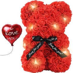 OriginalCorner® Gaismas lācis ar rozēm un sirds balonu, romantiska dāvana sievietēm, plīša lācis, ar LED un mūžīgo rozi, dāvanu komplekts, ideāls Valentīna dienai, Mātes dienai