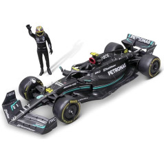 BBURAGO - Mercedes AMG Petronas W14 Lewis Hamilton #44 2023 - reālistiska 1:24 mēroga automašīna un Lewis Hamilton figūriņa, oficiāli licencēts Mercedes produkts, ieteicamais vecums 14+ gadi