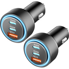 USB C auto lādētājs, 3 portu 65W Dual USB-C auto barošanas adapteris PD/QC3.0 ar ātru uzlādi no cigarešu aizdedzes USB lādētāja iPhone 15/14/13 Pro Max, Samsung Galaxy S24/S23/S22 (melns-2 gab.)