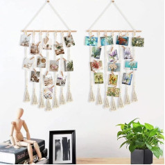 Foto karājas makrame 2 gabali Sienas karājas Foto Sienas attēlu rāmis kolāža Foto aizkars Gobelēns Foto siena ar 60 koka klipiem un 2 Traceless naglas Boho apdare