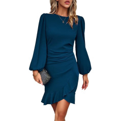 HUXRAKV Sieviešu elegantas biznesa kleitas garām piedurknēm bodycon Ruffle Puff piedurknēm plain vakarkleitas Vintage formāla kleita