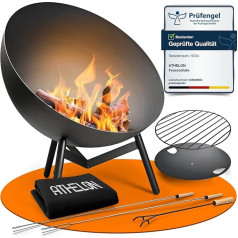 Ugunskura trauks [Diametrs 60 cm] - Laikapstākļiem izturīgs tērauda āra ugunskura katls dārzam, terasei un balkonam [ar nolieces mehānismu] - Komplektā ietilpst piederumi un vāks, melns