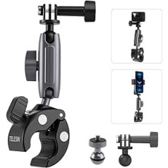 TELESIN motocikla stūres velosipēda stiprinājuma skavas GoPro Hero 11 10 9 insta360 X3/ONE X2 DJI Action 3,360° dubultā lodgalvas skava ar 1/4-20 mm adapteri kamerai un tālrunim