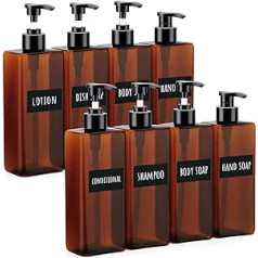 Segbeauty Bathroom Soap Dispenser, Set of 8, 500 ml Pump Bottles on Plastic with Waterproof Labels, Refillable for Shampoo, Conditoner, Family Set with Large Capacity, Translucent Brown/Amber