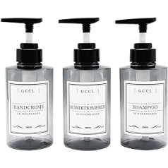 Pack of 3 Refillable Shampoo and Conditioner Dispenser - 300 ml Plastic Empty Soap Dispenser for Shower Gel, Reusable Liquid Soap Pump Bottle with Label Set for Bathroom