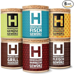 HENSSLERS 6er BBQ Set - Barbecue-Gewürz, Gewürzmischungen für Fleisch, Fisch, Hähnchen, Grill-Marinade & Gemüse-Gewürz, zum Braten, Grillen, Marinieren, Kochen uvm., 5x 80 g un 1x 50 g