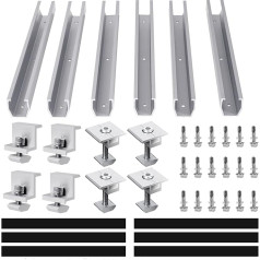 Saules paneļu kronšteinu komplekts, alumīnija kronšteinu montāžas sistēma, trapecveida loksne, 30 cm montāžas sliedes, savienotājs saules fotoelementiem (sliedes 300 mm x 6 + gala skava x 4 + centra skava x 4)