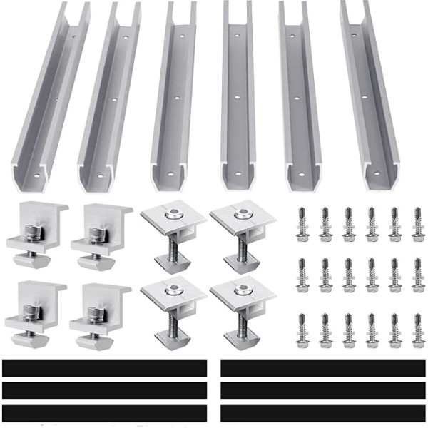 Saules paneļu kronšteinu komplekts, alumīnija kronšteinu montāžas sistēma, trapecveida loksne, 30 cm montāžas sliedes, savienotājs saules fotoelementiem (sliedes 300 mm x 6 + gala skava x 4 + centra skava x 4)