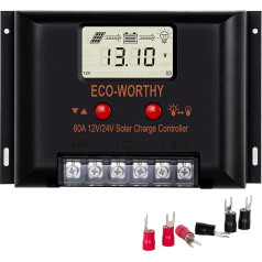 ECO-WORTHY 12V/24V 60A saules uzlādes kontrolieris ar LCD ekrāna displeju SALE/GELLI/FLD akumulatoriem, inteliģentā moduļa daudzkārtējas uzlādes aizsardzība, maks. 2000 W motormājām/mājsaimniecībām/fermām