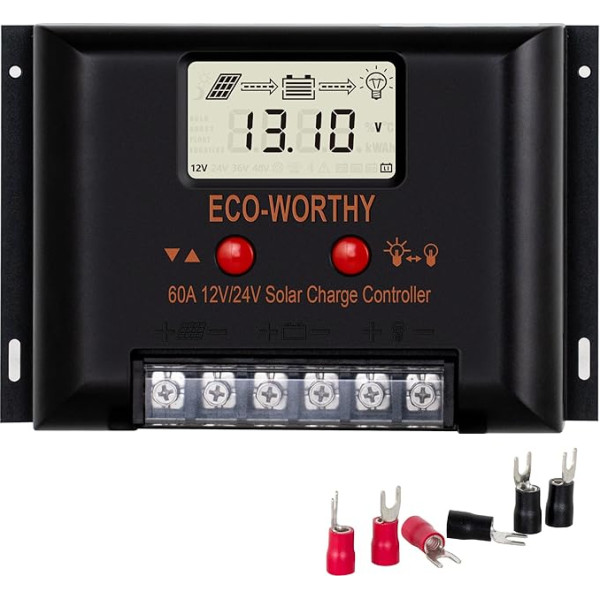 ECO-WORTHY 12V/24V 60A saules uzlādes kontrolieris ar LCD ekrāna displeju SALE/GELLI/FLD akumulatoriem, inteliģentā moduļa daudzkārtējas uzlādes aizsardzība, maks. 2000 W motormājām/mājsaimniecībām/fermām